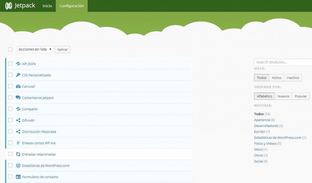 Panel de configuración de Jetpack 3.0 para WordPress
