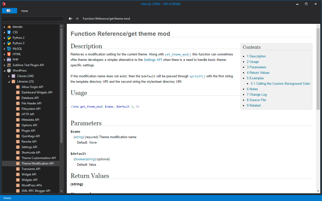 Velocity, mostrando información de Codex WordPress