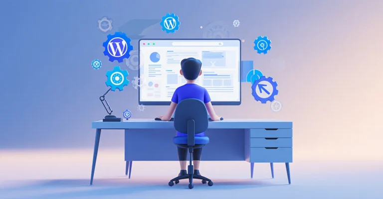 Servicio de mantenimiento WordPress profesional - Escritorio con laptop mostrando dashboard de WordPress y iconos de mantenimiento flotantes en 3D
