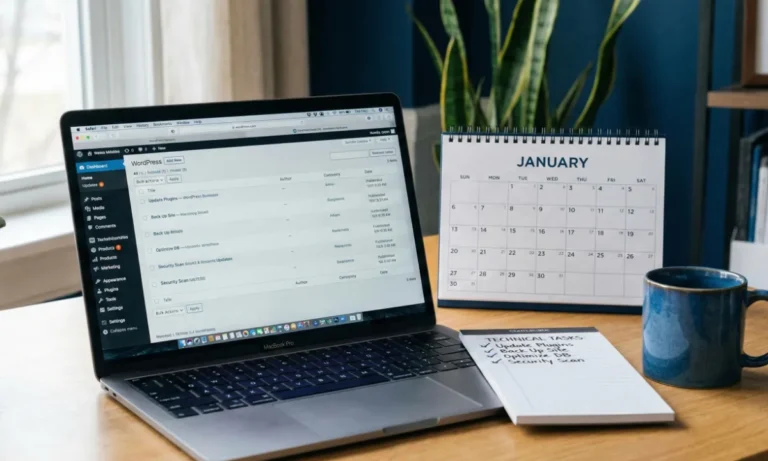 Escritorio profesional con laptop mostrando panel WordPress, calendario de enero y checklist de auditoría de mantenimiento web