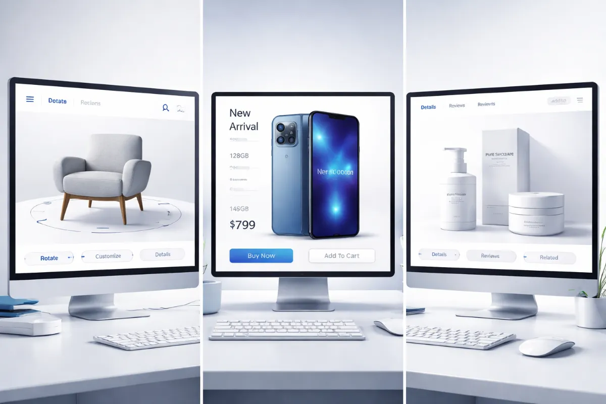 Comparativa visual de productos en 3D interactivo en pantallas de ecommerce mostrando muebles, tecnología y packaging Prompt: