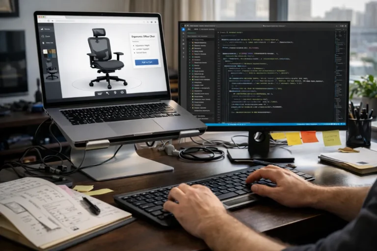Desarrollador programando visualizador 3D web con Three.js mostrando configurador de silla ergonómica en pantalla