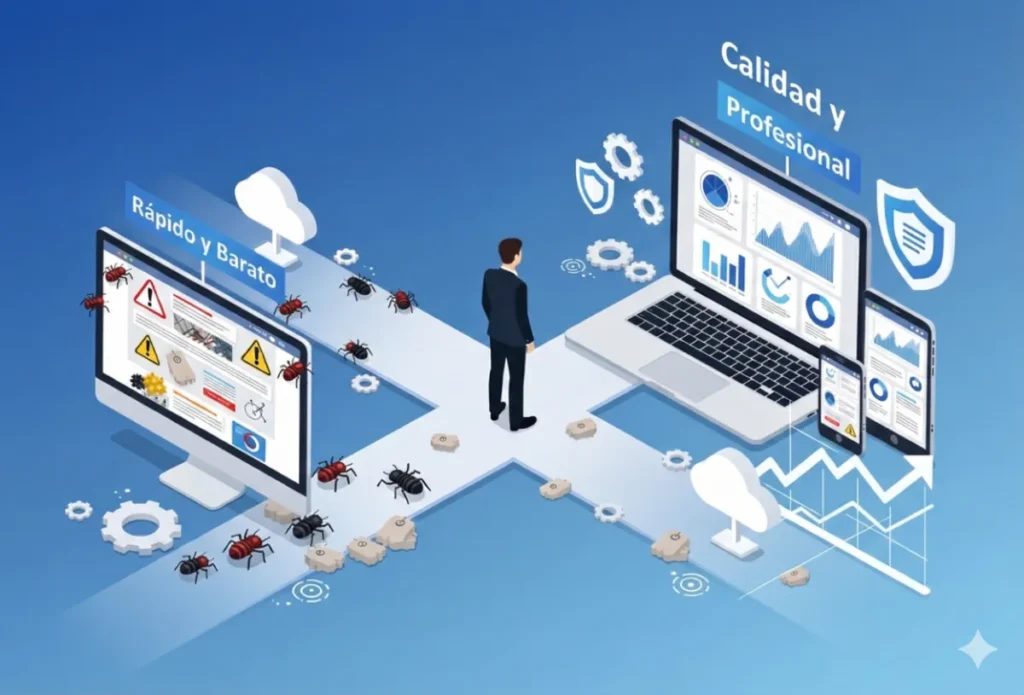 Ilustración comparativa entre sitio web barato con errores y vulnerabilidades versus desarrollo web profesional con seguridad y calidad