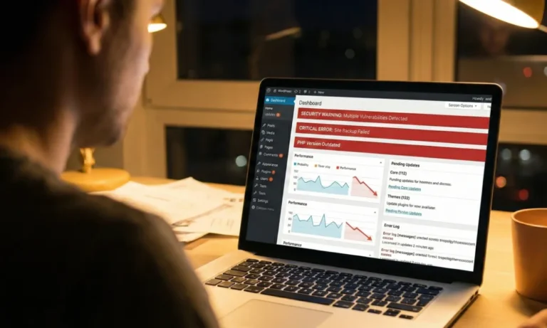 Dashboard de WordPress mostrando múltiples señales de alerta por problemas de mantenimiento deficiente