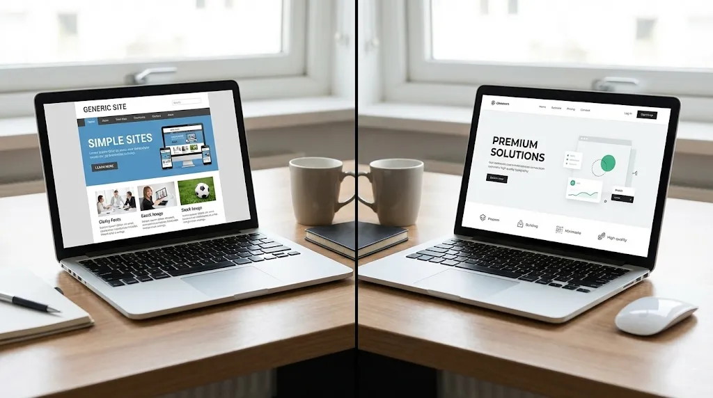 Comparativa visual entre sitio web barato con plantilla genérica y sitio web premium profesional en dos portátiles