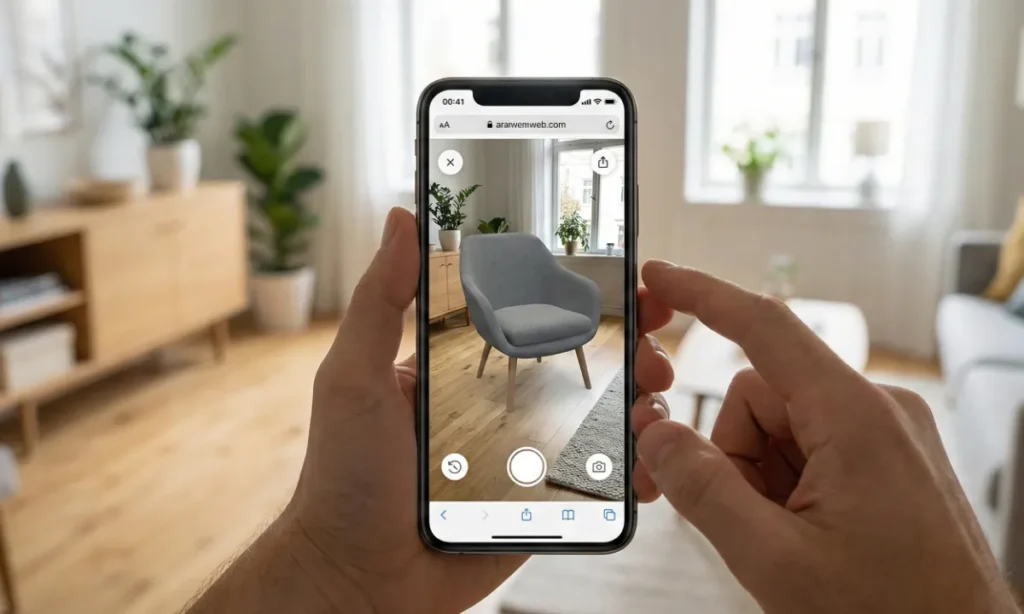 Visualización de una silla 3D mediante realidad aumentada en un móvil dentro de un salón, mostrando cómo encaja el mueble en un espacio real antes de comprarlo.